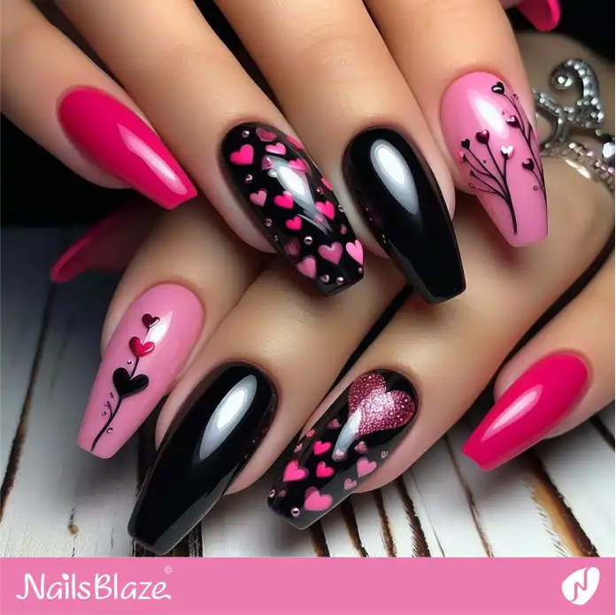 Pink and Black Valentine Nail Design | Valentine Nails - NB2640